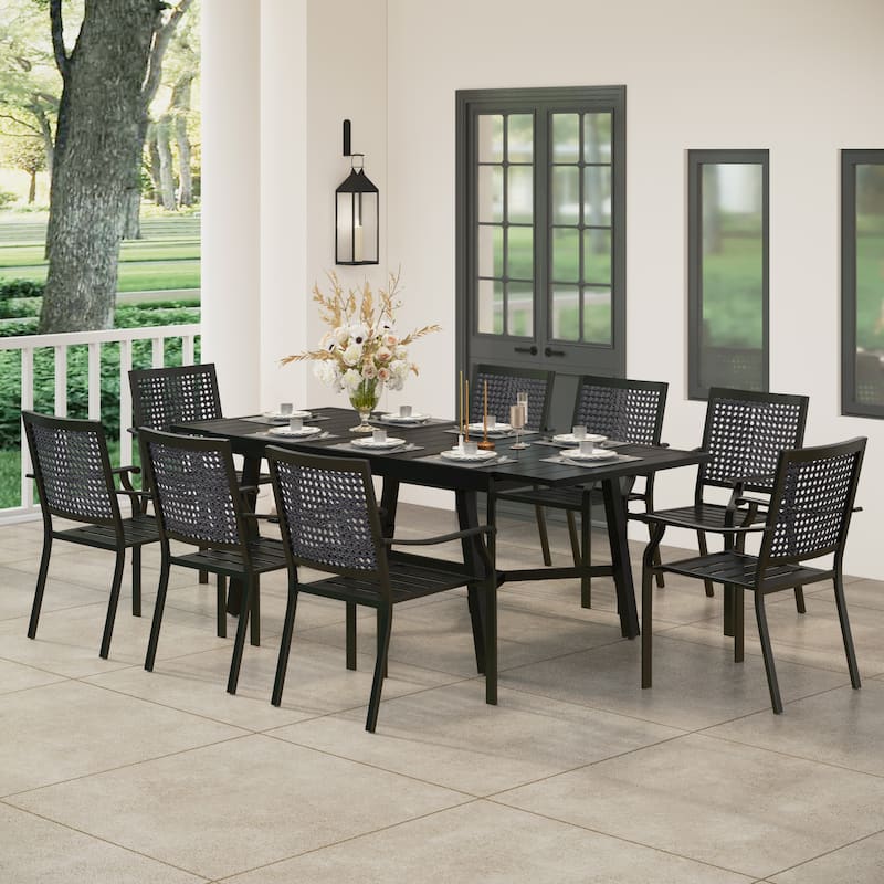 7/9-Piece Patio E-coating Dining Set of 6/8 Stackable Chairs & 1 Extendable Metal Table - 9-pieces
