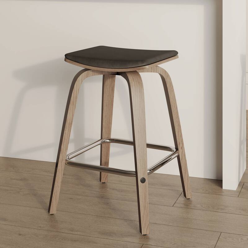 Leather Counter Stool Swivel Square Seat Poplar Wood Frame Iron Foot Rest