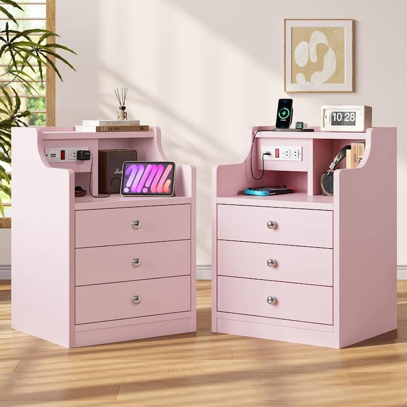 Small Nightstand 3 Drawers Charging Station End Side Table
