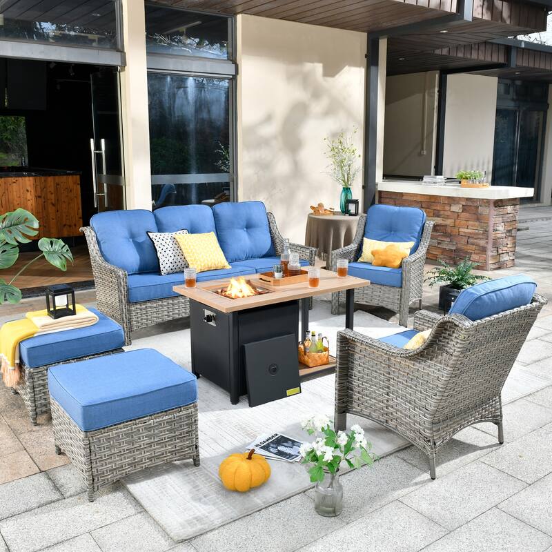 HOOOWOOO 6-piece Wicker Patio Furniture Set with Fire Pit Table - Diamond Blue
