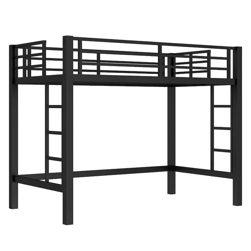 Roomfitters Metal Loft Bed with Dual Ladders, High Sleeper Frame with Under Bed Storage Space, Black
