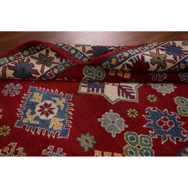 Oriental Kazak Area Rug Hand-Knotted Geometric Red Wool Carpet - 4'0" x 5'8"