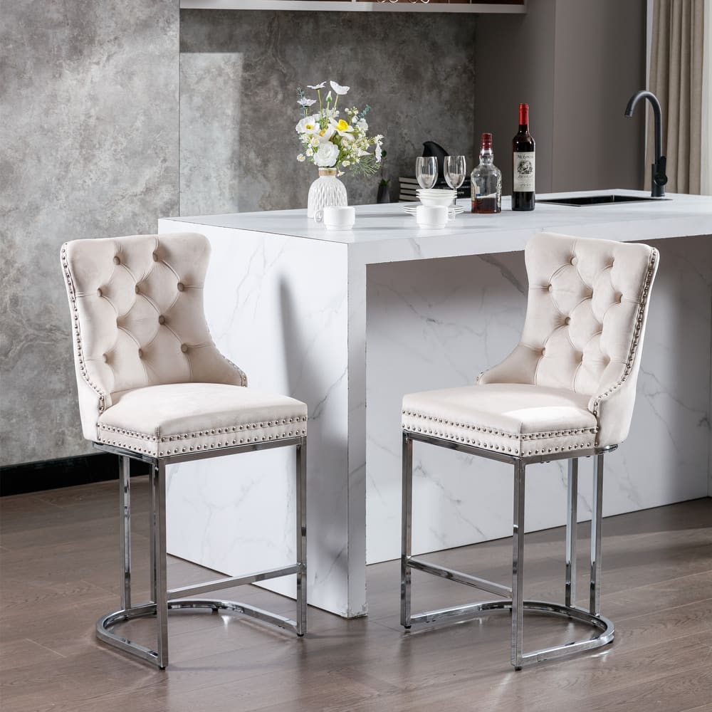 Ostweer Furniture Modern Velvet Barstools - Beige 2 Pack
