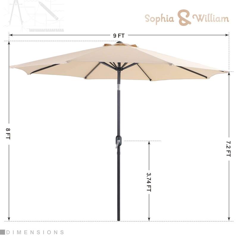 Sophia & William 9ft Outdoor Patio Umbrella with Push-button Tilt, Market Umbrella with 8 Ribs