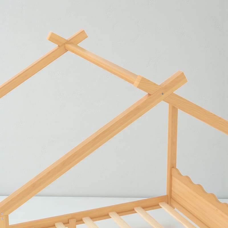 Kids Solid Wood House Floor Bed with Support Slats, Montessori Low Profile Bed, No Box Spring Needed