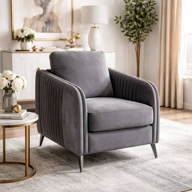 Leah 32 Inch Modern Accent Armchair, Vertical Quilted Design, Gray Velvet