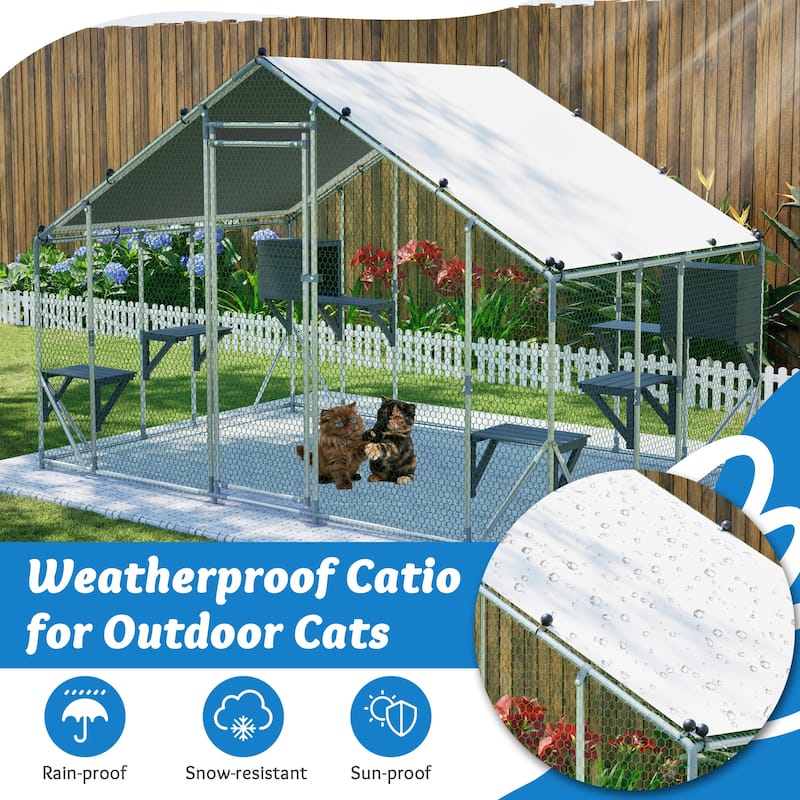 GDFStudio - Large Outdoor Metal Cat Catio Cage with Double Safety Lock & Enhanced Stability, All-Weather Pet Enclosure - 3x2M