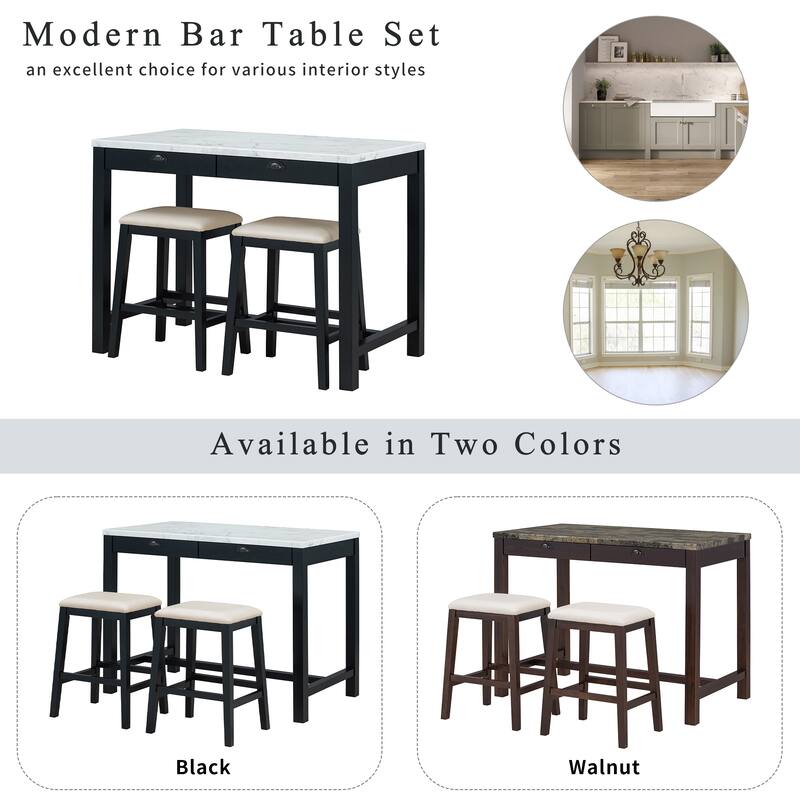 Modern Faux Marble Bar Table Set with Storage & Stools