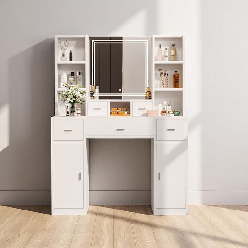 Makeup Vanity Desk with Touch LED Mirror, 5 Drawers, Hidden Shelves & Storage Cabinet for Bedroom - White