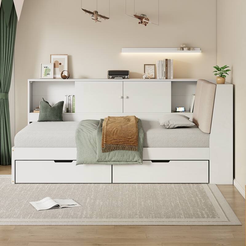 L-shaped Daybed Corner Bed with Storage Bookcase and USB Charging Ports