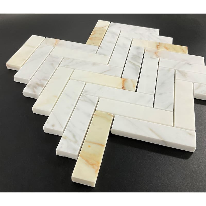 Calacatta Gold 1 x 4 Marble Harringbone Wall and Floor Mosaic - Case (10 Sheets)