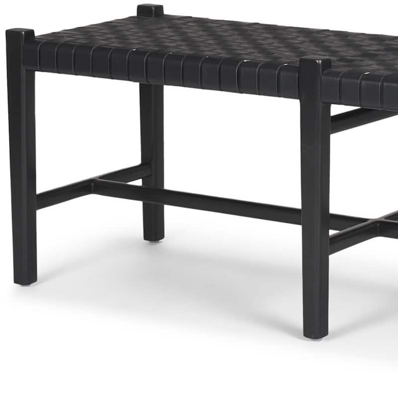 HomeRoots 52" Black Genuine Leather and Solid Wood Upholstered Bench - 52.00 in. x 18.75 in. x 16.50 in.