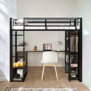 Black Full Size Space-Saving Bed with Open Wardrobe, Desk and Shleves