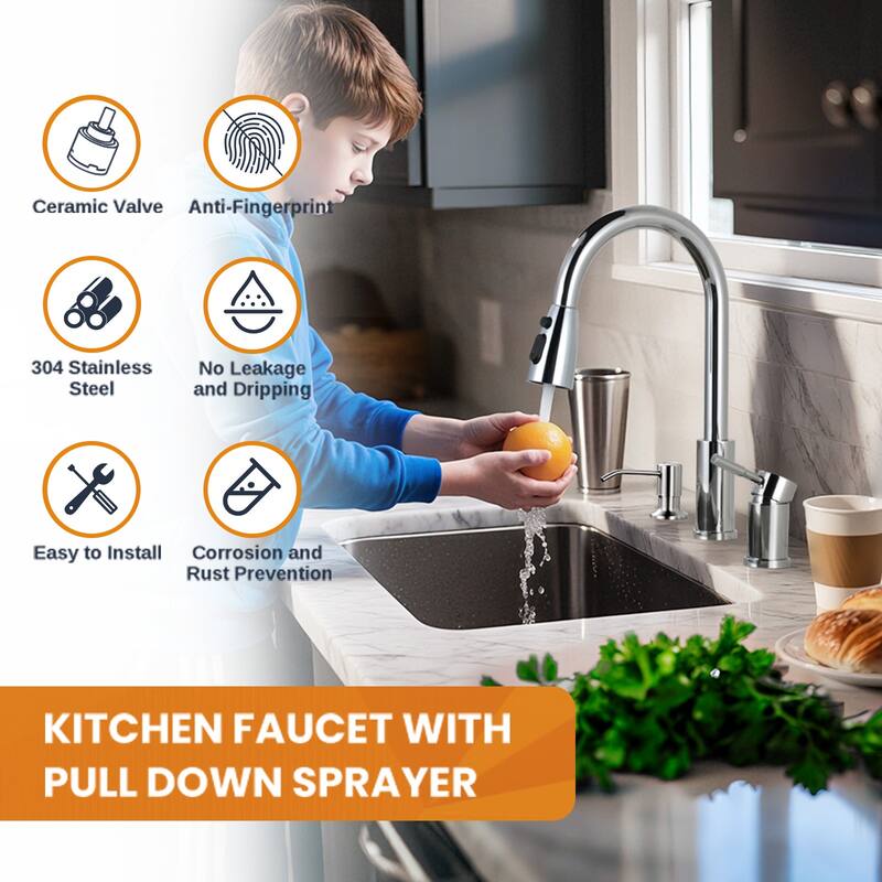 WOWOW Single Handle Pull Down Kitchen Faucet with Soap Dispenser