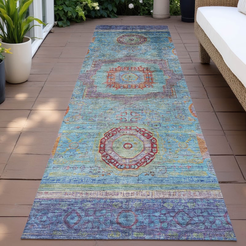 Machine Washable Indoor/Outdoor Traditional Chantille Rug - Teal - 2'3" x 7'6"
