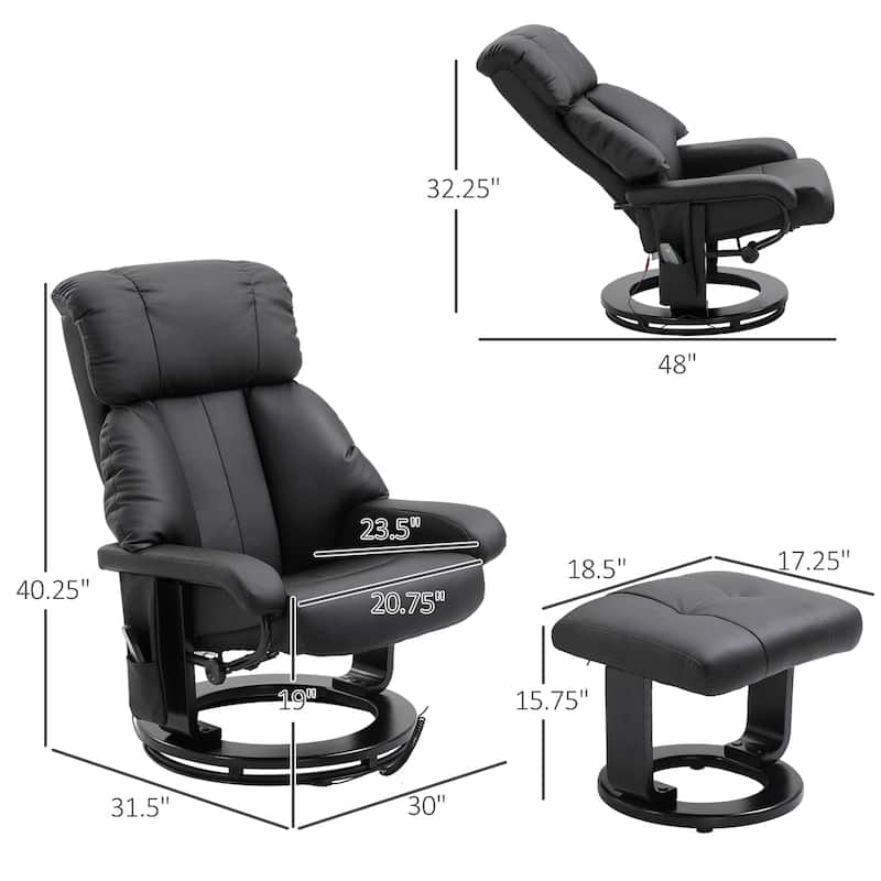 Massage Recliner in PU Leather with Footstool and 360째 Swivel Function