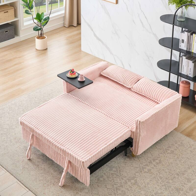 Pink Corduroy Pull-out and Push-in Sofa with Movable Tabletop and USB Ports