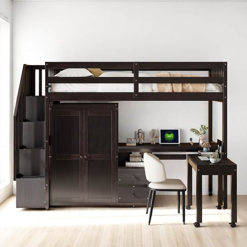Twin/Full Size Loft Bed with Desk, Wardrobe, Drawers & Stairs, Wood Frame Study Bed with Storage for Kids/Teens