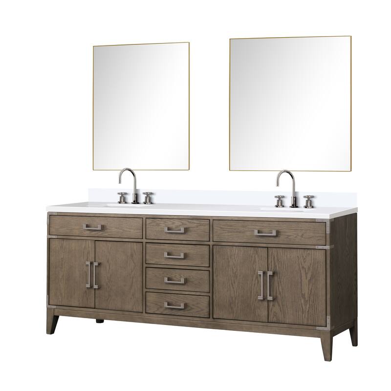 Laurel 60 in W x 22 in D Black Oak Double Bath Vanity, White Quartz Top, Faucet Set, and 28 in Mirrors