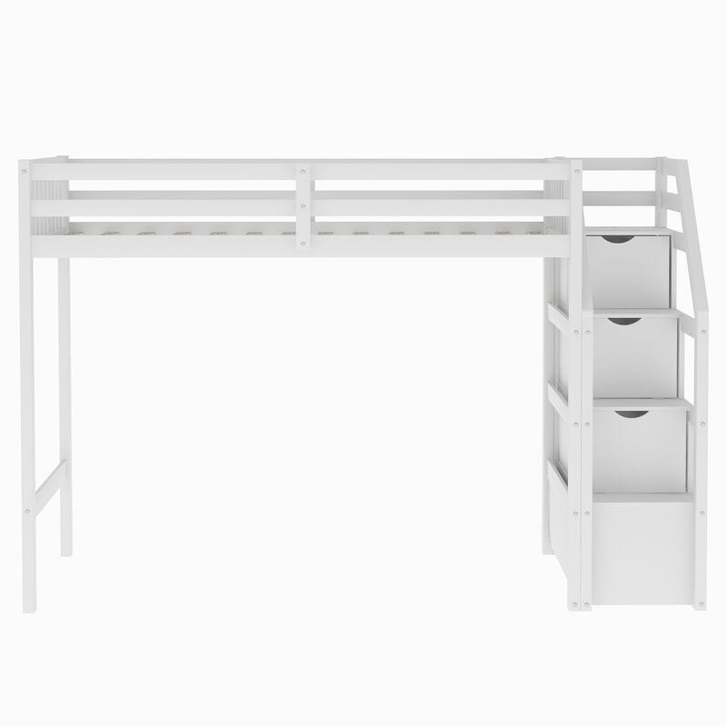 White Twin over Full Loft Bed with Staircase and Storage