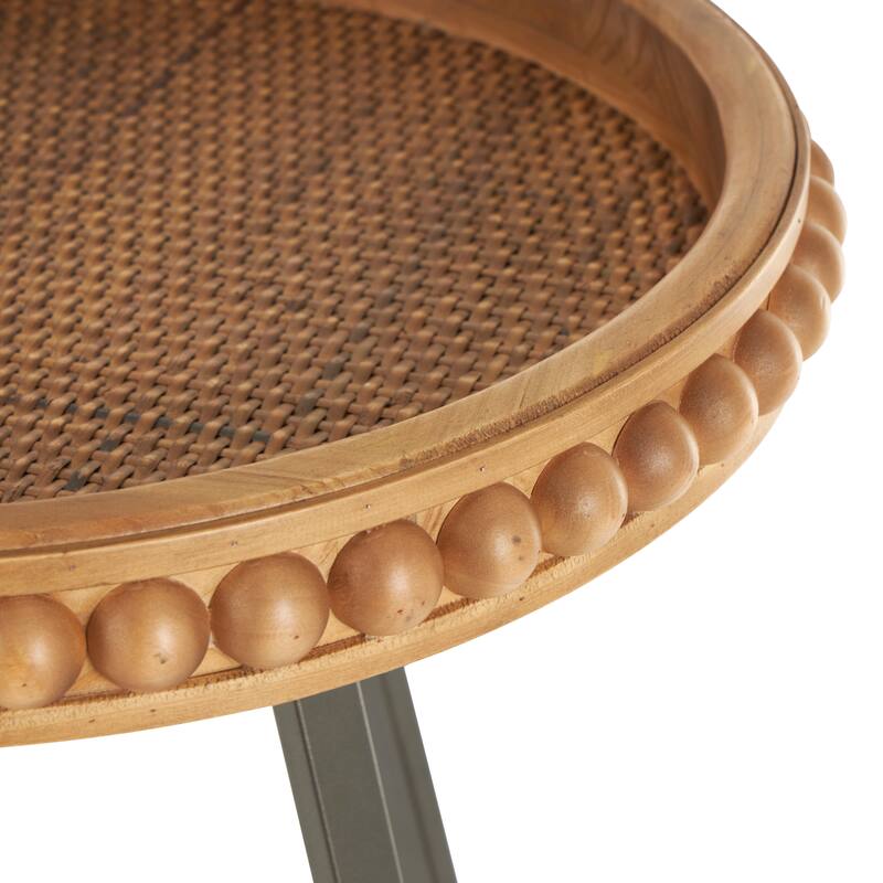 Brown Wood Beaded Side End Accent Table with Rounded Gray Metal Base and Rattan Accent