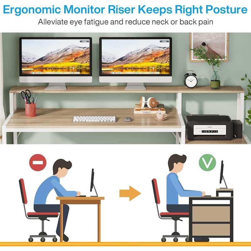 Ergonomic Computer Desk with Elevated Monitor Stand Two Tier Desktop and File Cabinet Sturdy