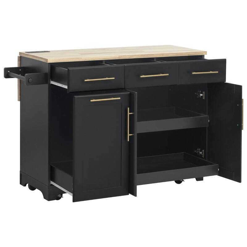 59" Rolling Kitchen Island on Wheels with Trash Can Storage Cabinet, Island Table for Kitchen with Power Outlet, Storage Rack