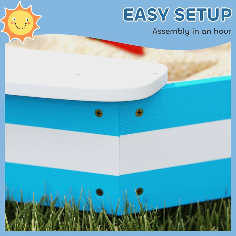 Blue-White Fir Wood Kids Sandbox with Four Seats and Nautical Design - 52.4" L x 52.4" W x 6.3" H