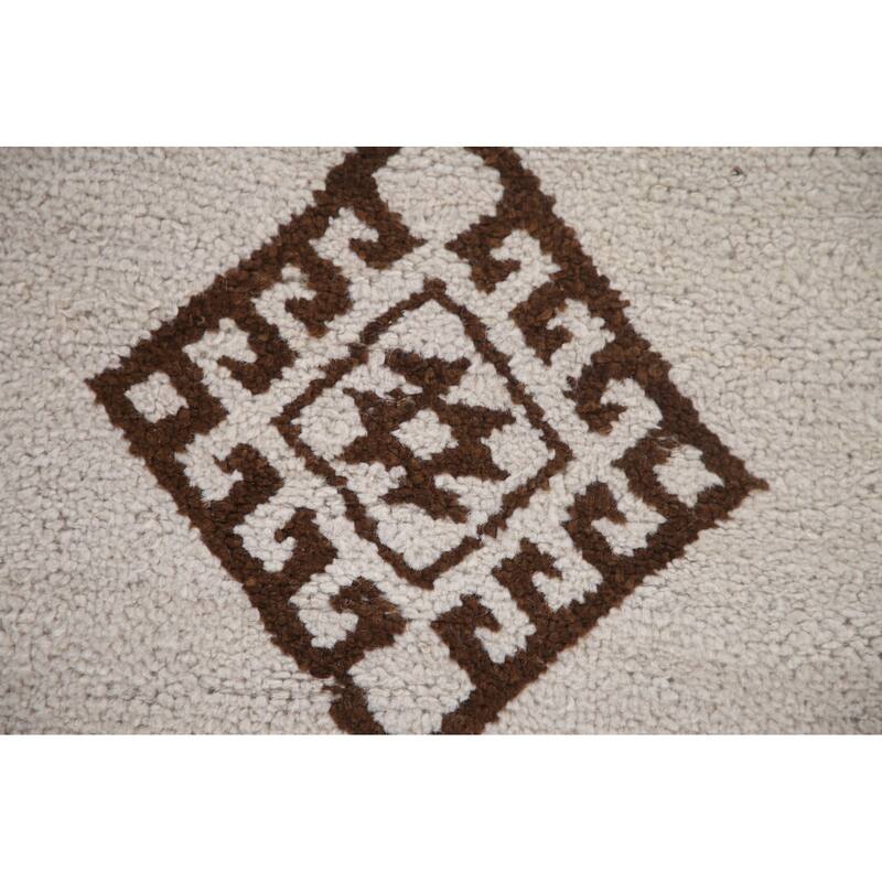 Geometric Beige Anatolian Turkish Runner Rug Handmade Wool Carpet - 2'8"x 12'11"