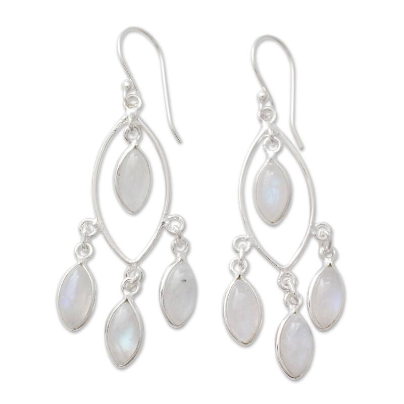 Handmade Sterling Silver 'Luminous Dew' Rainbow Moonstone Chandelier Earrings (India) - 2.2*0.6