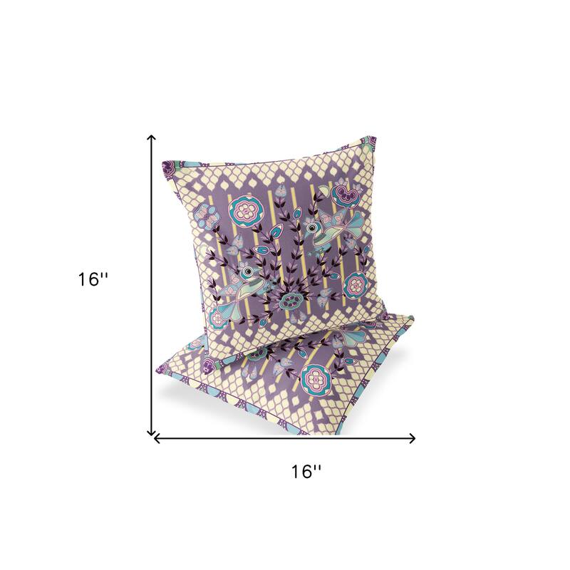 HomeRoots Set of Two 16" X 16" Blue and Purple Peacock Blown Seam Floral Indoor Outdoor Throw Pillow - 16.00' X '16.00' X '5.00