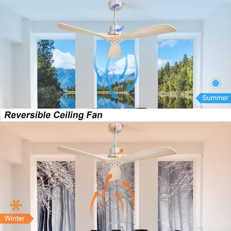 52''/60" Large Ceiling Fan without Lights, Remote Control and Reversible Motor Included, 3 Wood Blades