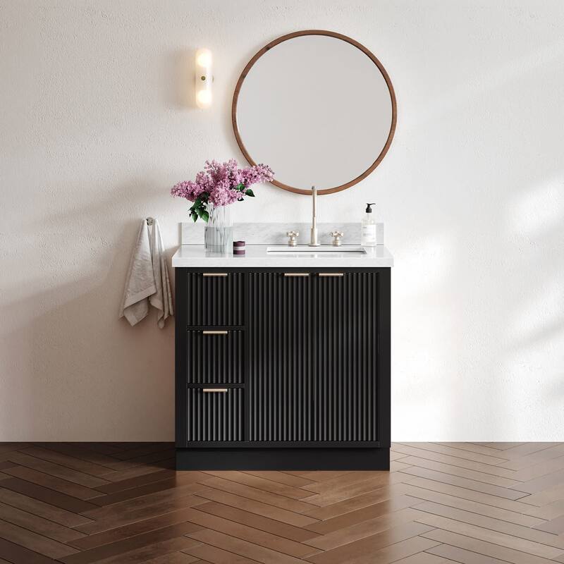 Ariel P37RCWRVO Milan 37" Free Standing Single Basin Vanity Set with - Black / Italian Carrara Marble Top / Brushed