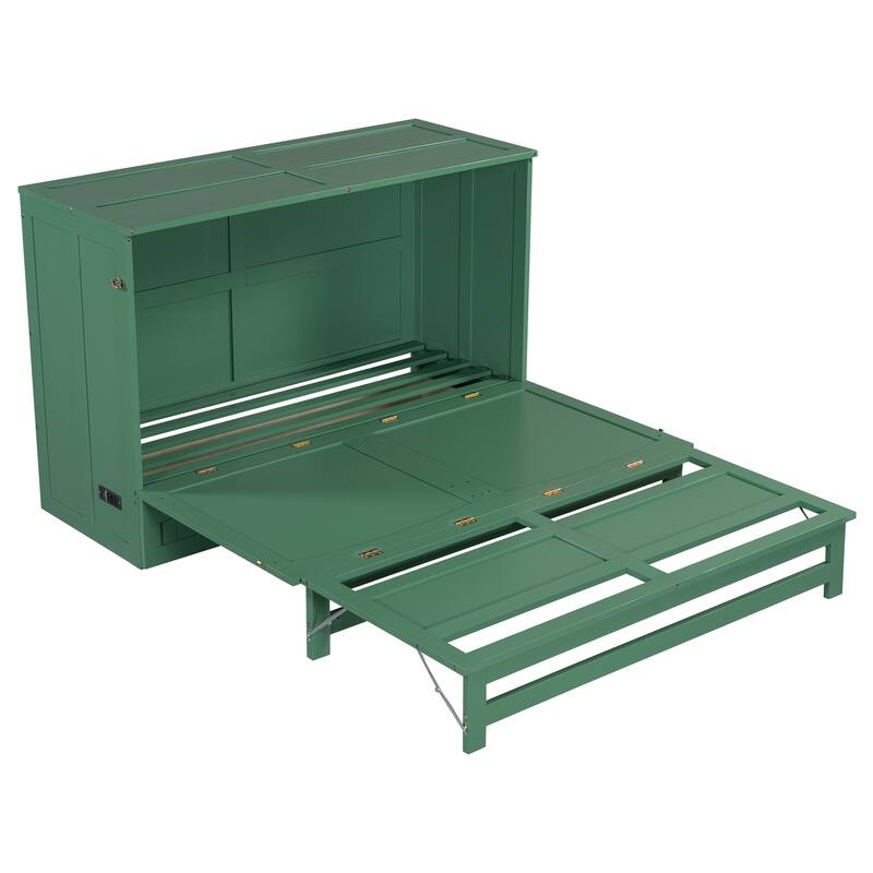 Queen Size Murphy Bed with Built-In Charging Station and Large Storage Drawer, Space-Saving Design, Pine Wood Frame
