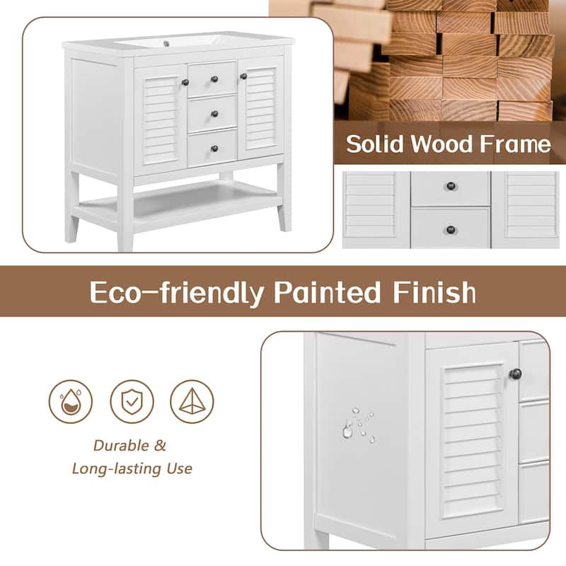 (Base Only) 36" Bathroom Vanity without Sink, 2 Cabinets and Drawers, Open Shelf