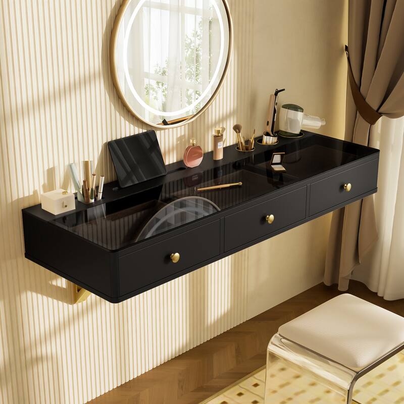 Rossetta 47" Modern Vintage Multi-Purpose Floating Wall-Mounted Vanity Table with Drawers, Storage Compartments
