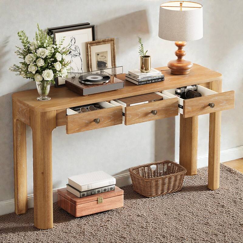 Rustic Console Table with Curved Corners, 3 Concealed Drawers & Thick Wood Legs, Entryway Sofa Table for Hallway & Living Room