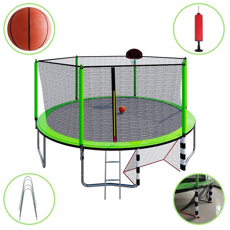 16FT Trampoline with Basketball Hoop Pump, Ladder & Soccer Goal, Green