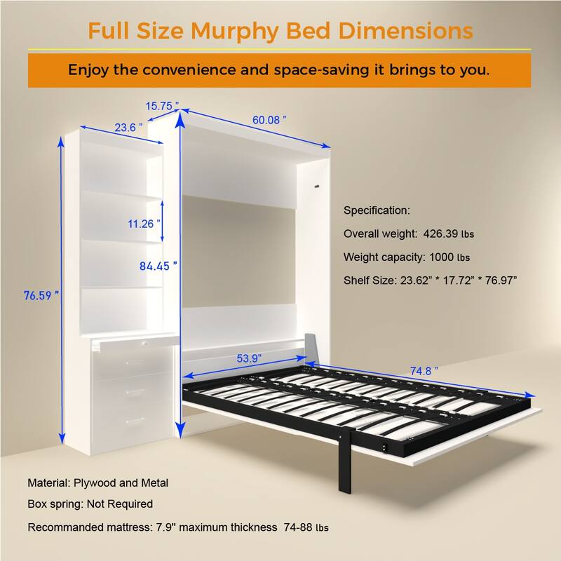White Full Size Murphy Bed with Storage Shelves and Drawers - Vertical Wall Bed with Gas Struts