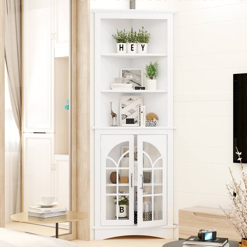 Corner Storage Cabinet, 63.3" Tall Bookcase with Doors & Adjustable Shelves, 5-Tier Corner Display Cabinet - White