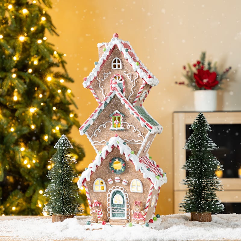Glitzhome Lighted Christmas Gingerbread House Resin Village Xmas Table Decor Collectible Figurines