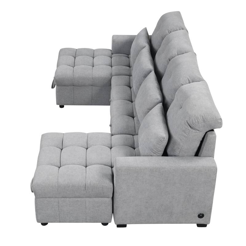 U-shaped Sofa Pull-out Sofa Bed, Modular Sectional Sofa with 2 Storage Chaise Lounges and 2 USB Ports for Living Room