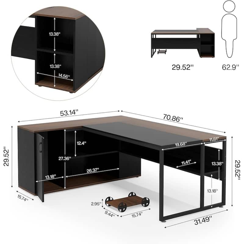 71" L-Shaped Executive Desk, Large Office Desk with Cabinet