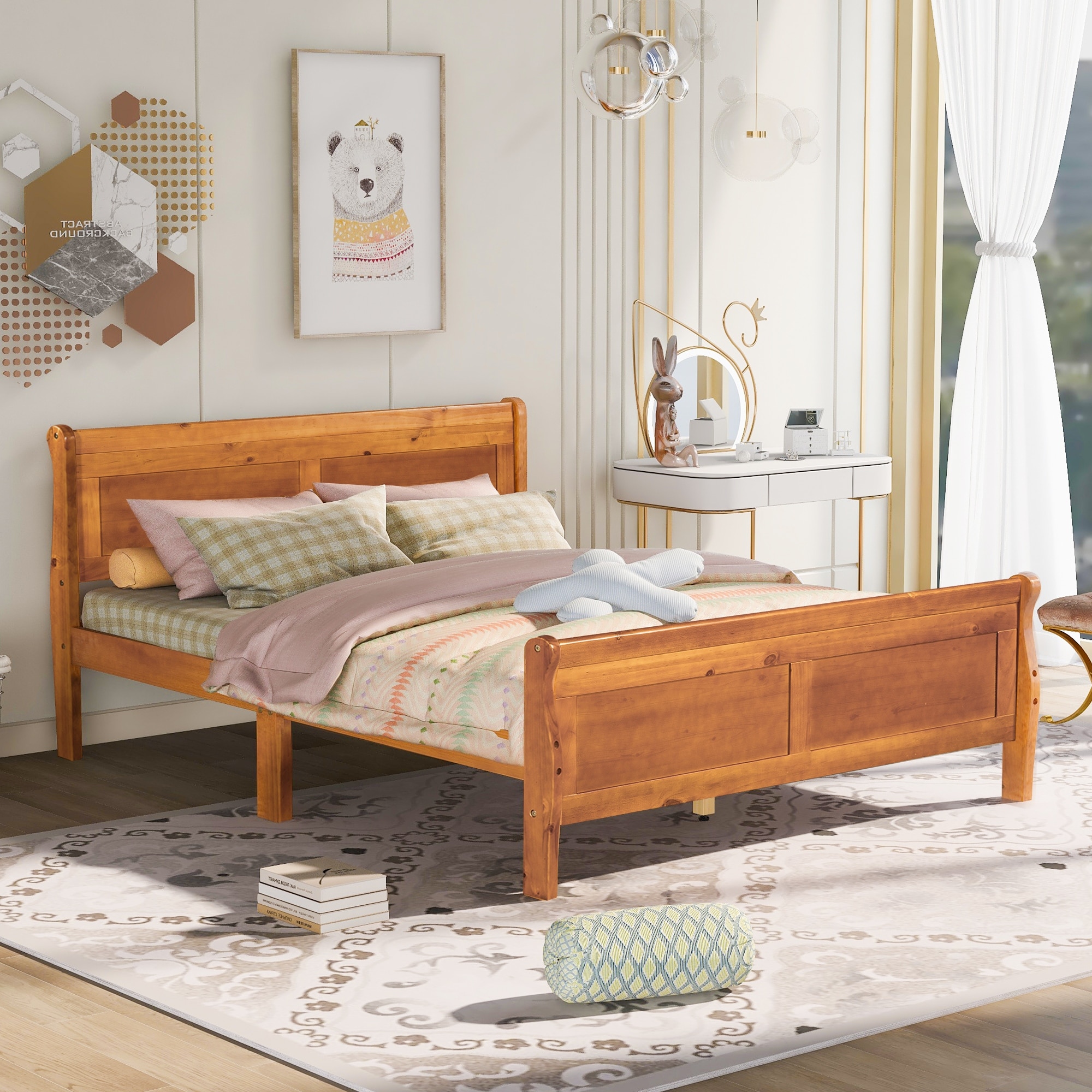 Classic Wood Platform Bed with Headboard & Footboard, Queen Bed Frame