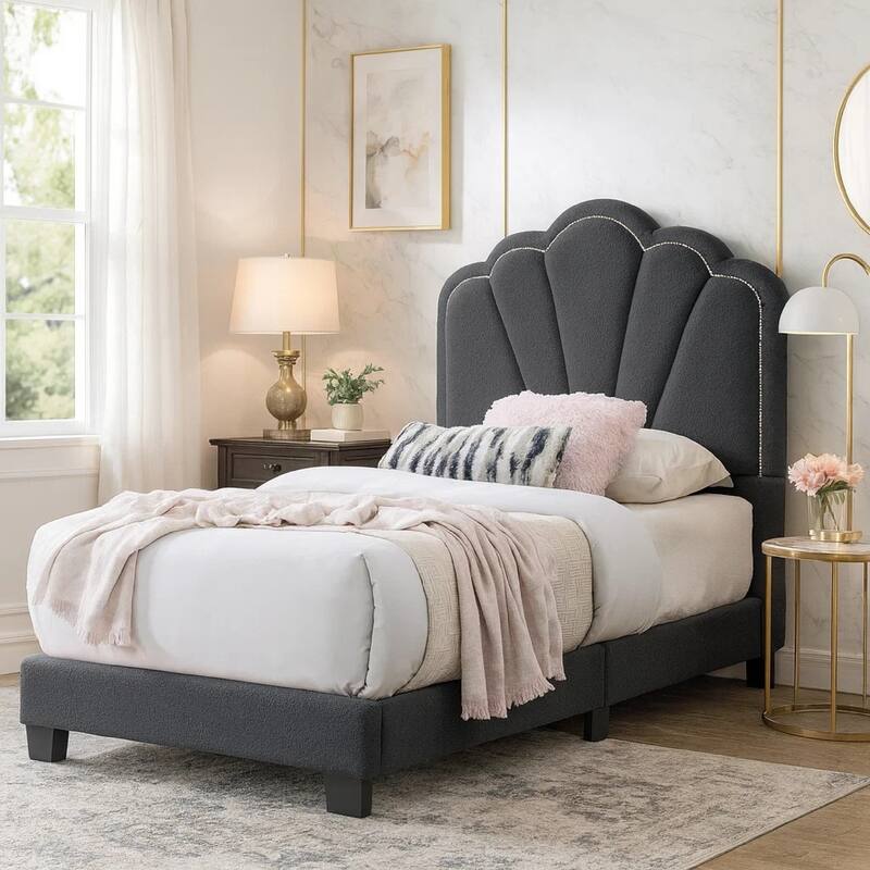 Roxy Twin Bed, Charcoal Gray Wool, LED Lighting, Padded Headboard