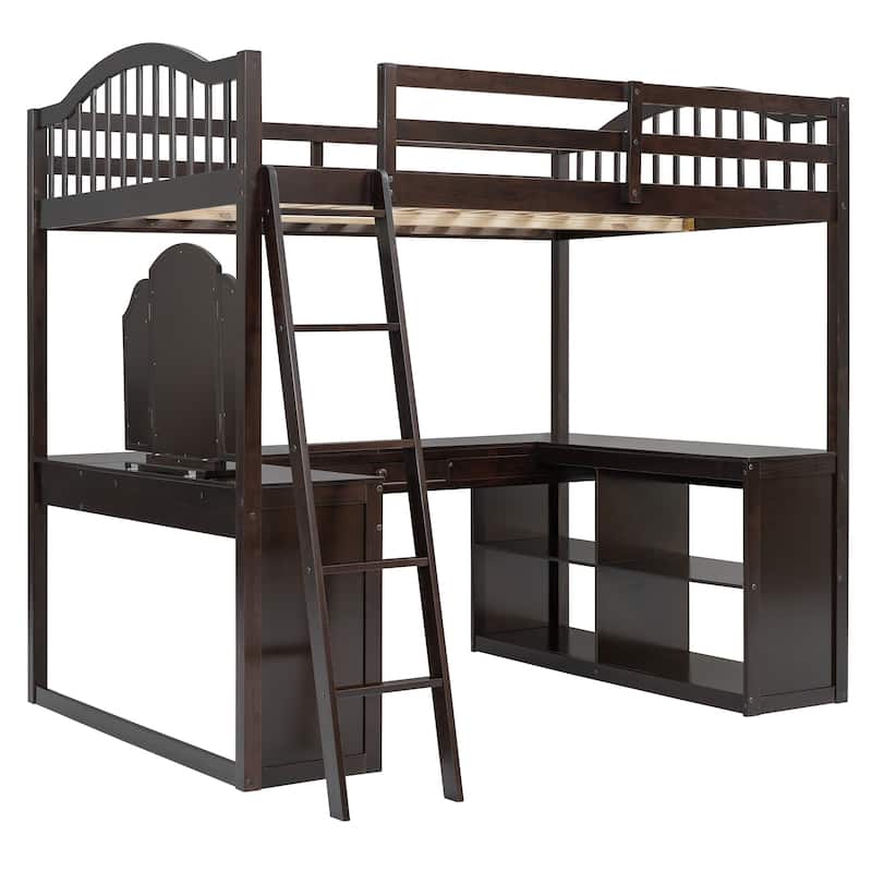 Full Size Wooden Loft Bed with U-Shaped Desk, Tri-Fold Mirror & Storage Compartments, Space-Saving Design