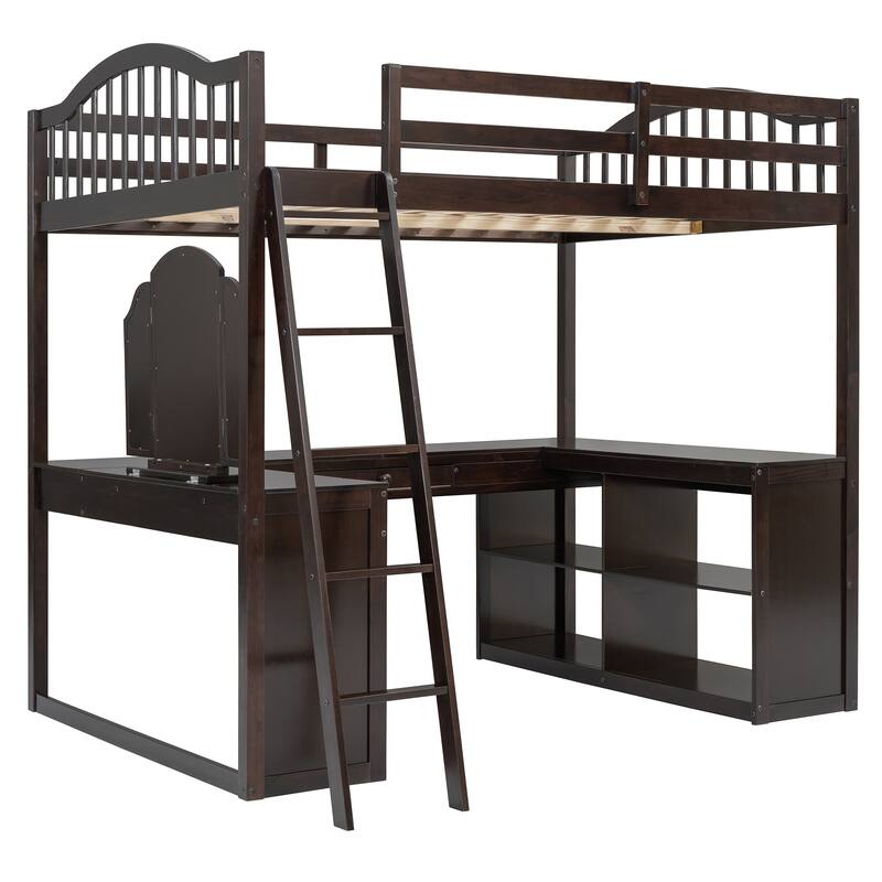 Full Size Wooden Loft Platform Bed Frame with U-Shaped Desk, Storage Compartments and Tri-Fold Mirror for Maximum Space