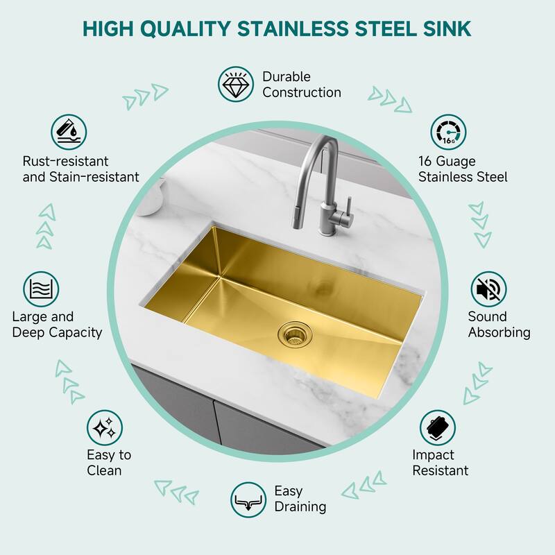CB HOME 32 Inch Gold Kitchen Sink, 32x19 Undermount Single Bowl Sink, Stainless Steel Kitchen Sink with Drainer & Grid