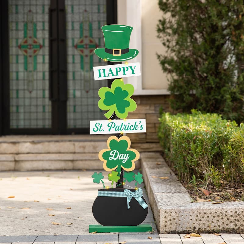 Glitzhome 42"H Lighted St. Patrick's Wooden Shamrocks Porch Decor with Timer