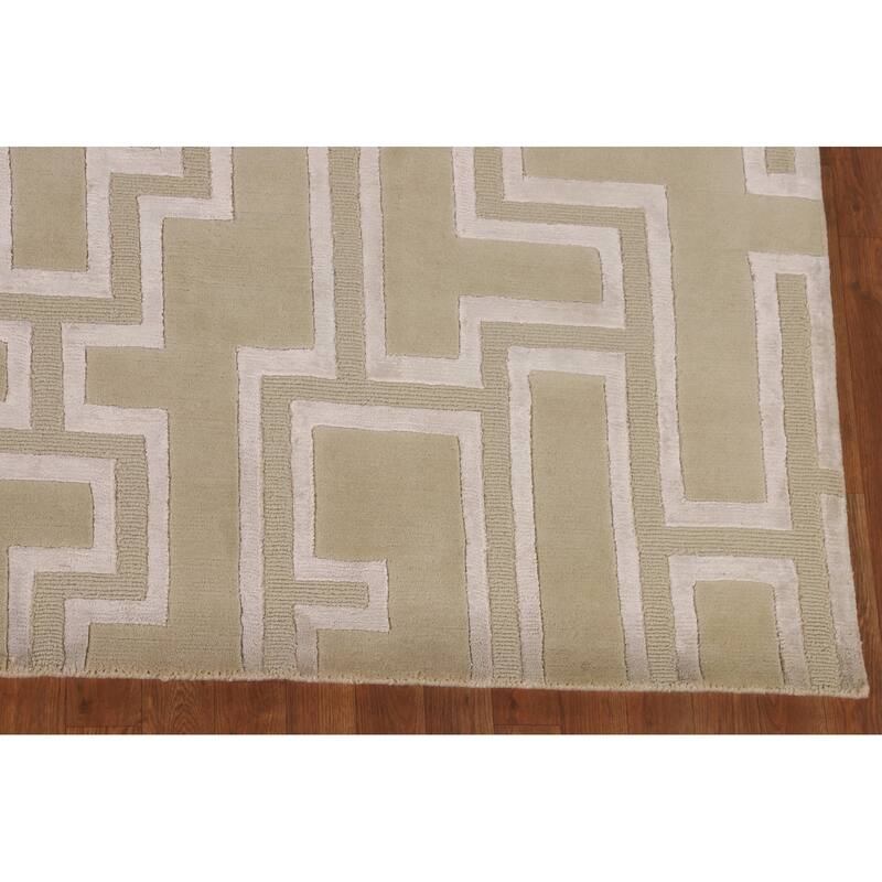 Geometric Nepalese Oriental Area Rug Handmade Wool Carpet Beige - 8'1" x 9'11"